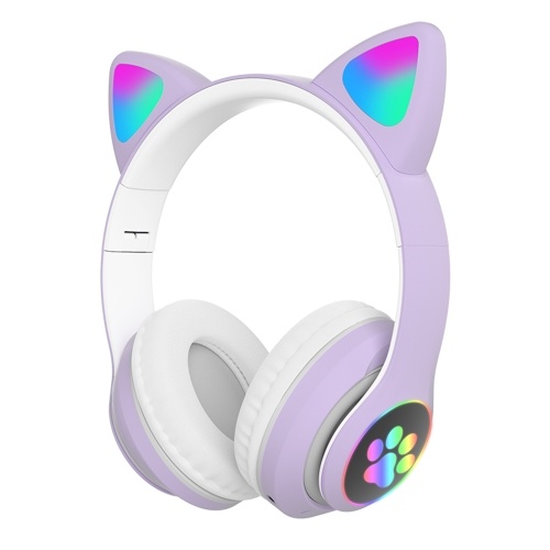 Fone de ouvido Cat Ear BT 5.0 dobrável com efeito de iluminação RGB Suporte para unidade de driver AUX Conexão com fio / Reprodução de cartão TF / Modo FM, roxo