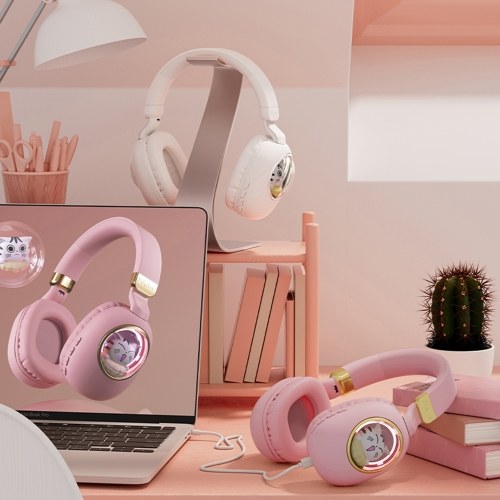 Cute Cartoon Wireless BT5.3 Headphones Over Ear Gaming Headset Cute Animal Design AUX IN Wired Earphone with Colorful Atmosphere Light Foldable Soft Ear Cushions 