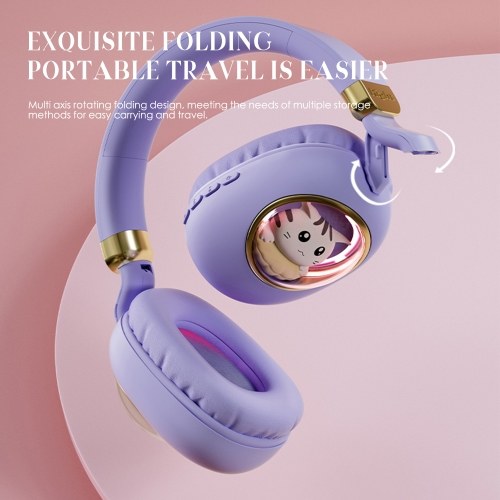 Cute Cartoon Wireless BT5.3 Headphones Over Ear Gaming Headset Cute Animal Design AUX IN Wired Earphone with Colorful Atmosphere Light Foldable Soft Ear Cushions 