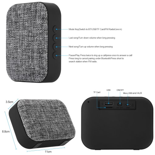 

BT Cloth Speaker Wireless Fabric Speaker TF Card USB FM Radio Line in for Smart Phone Tablet Grey