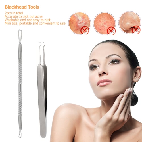 

2pcs Blackhead Tool Curved Acne Clip Facial Pimple Tweezer Comedone Cleaner Stainless Steel Blemish Extractor Remover Set