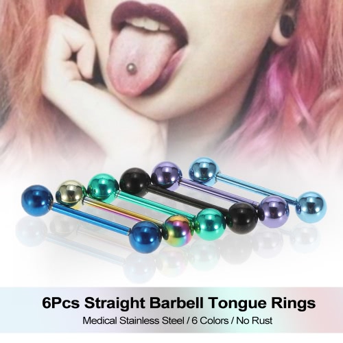 

6Pcs Straight Barbell Tongue Rings Body Piercing Jewelry Stainless Steel Piercing Bar