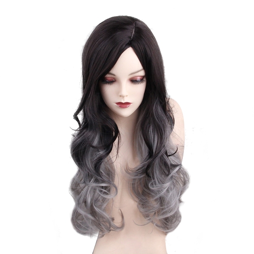 1 pc Perruque Long Curly Gradient Couleur Noir avec Gris Cosplay Costume de Cheveux Résistant à la Chaleur Femmes