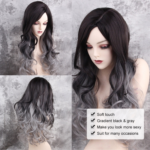 

1pc Wig Long Curly Gradient Color Black with Gray Cosplay Hair Costume Heat Resistant Women