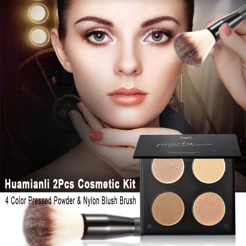 

Huamianli Brand 2Pcs Cosmetic Kit 4 Colors Highlight Pressed Powder + Nylon Blush Brush Makeup Set Contour Shadow Powder
