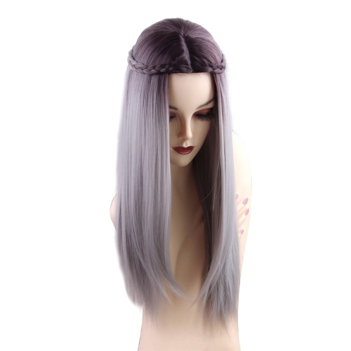 

1pc Wig Long Straight Gradient Color Gray with White Braids Cosplay Hair Costume Heat Resistant Woman