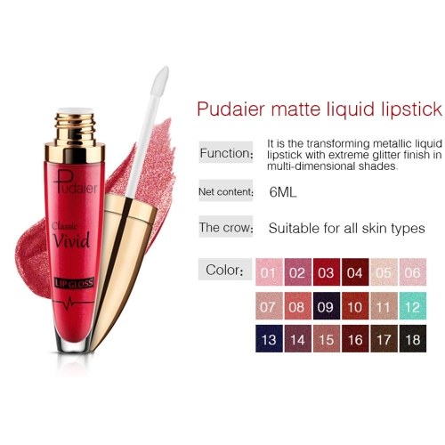 

Pudaier Liquid Lip Gloss Non-stick on Cup Lipstick 18 Colors Lip Glitter Diamond Waterproof Lip Tint Makeup
