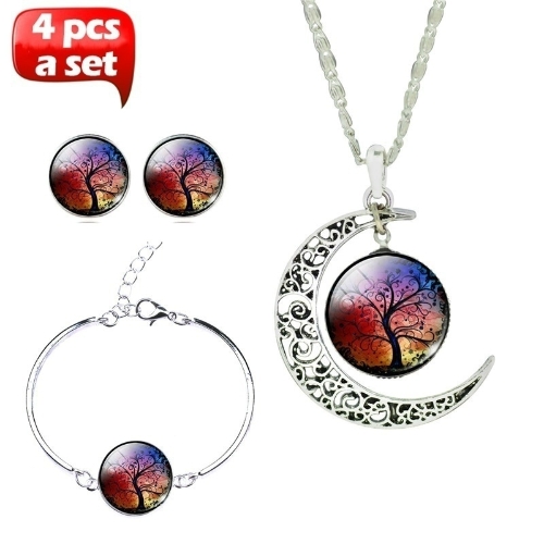 Glass Cabochon Necklace & Earrings & Bangle Set (Totally 4 pcs) Colorful Life Tree Art Picture Pendant Statement Chain Crescent Moon Necklace Stud Earrings Bracelet Bangle Set for Women's Jewelry Cyan