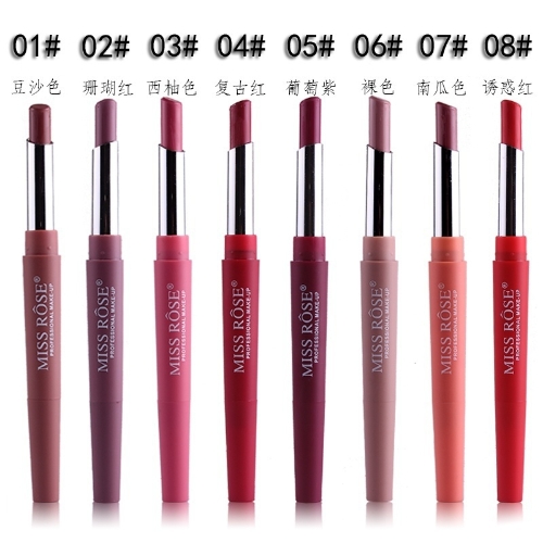 

New 2017 Brand Lip Matte Makeup for Women Long Lasting Pigment Red Nude Lip Liner Double Ended with Matte Miss Rose Lipstick 1