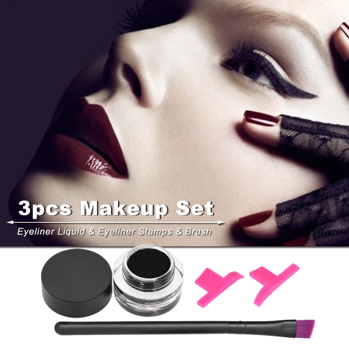 3pcs/set Makeup Set Liquid Eyeliner Ink Wing Eyeliner Stamps Angled Brush Cosmetics Kit Waterproof Black