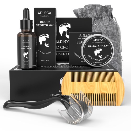 Arlega 5 en 1 Kit de croissance de barbe, huile de barbe, baume à barbe, peigne à barbe, rouleau à barbe, sac de rangement, meilleurs cadeaux pour homme