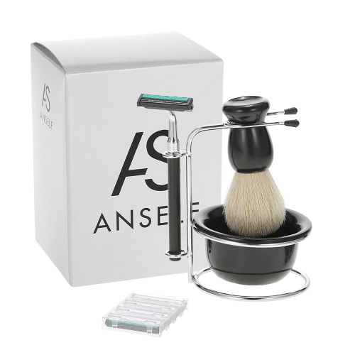 

Anself 4 In 1 Men's Shaving Razor Set Dry & Wet Male Facial Cleaning Tool Shaving Holder + Razor + Soap Bowl + Badger Brush