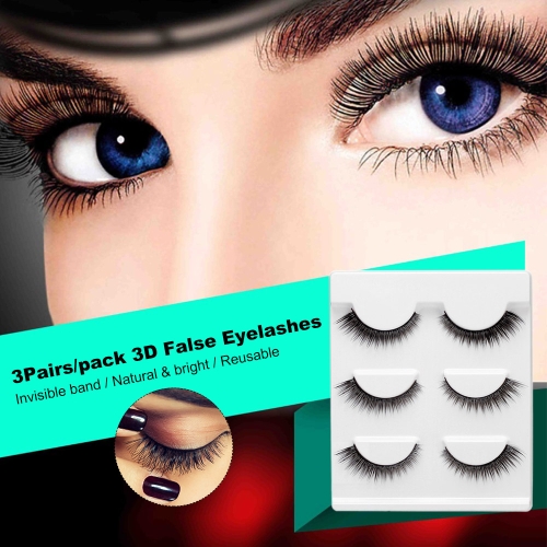 

3 Pairs 3D False Eyelashes Invisible Band Natural Dense Cross Black Eyelash Full Strip Reusable