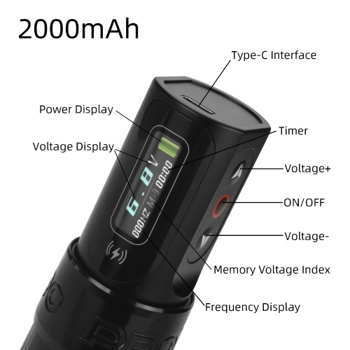 Wireless Timer OLED Dynamic Display Adjustable Dual Rechargeable Batteries Electroplated Aluminum Long Pen Pen Motor Body Art Machine Rotary Body Art Pen with USB Charging Cable 