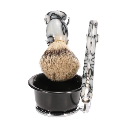 Anself 4 in 1 Men's Shaving Razor Set Pure Badger Shaving Brush + Stainless Steel Shaving Stand +  Shaving Soap Bowl + Razor Male Facial Shaving & Cleaning Tool