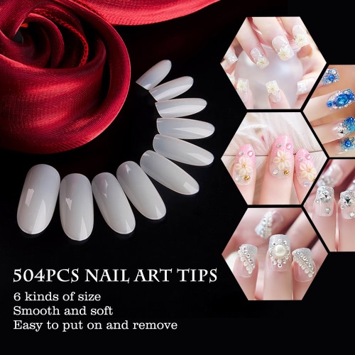 

504pcs Celar Nail Art Tips False Nails Round Full Cover Tips for Nail Salon DIY Nail Tip 6 Size Transparent