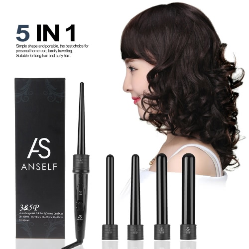 Anself Professional Hair Curler Roller 5 in 1 Functions Cylindrical 5 Curling Irons Wand Set Perm Hair Curling Instrument Black UK Plug