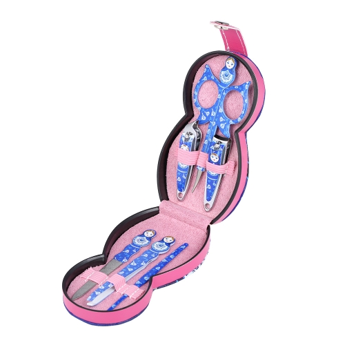 

6pcs Russian Doll Pattern Manicure Beauty Tools Set Stainless Steel Leather Pouch Case Earpick Clippers Tweezers Scissors File