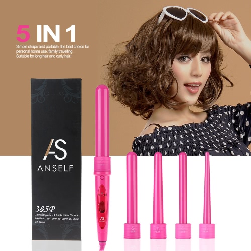 Professional Hair Curler Roller 5 in 1 Functions Cylindrical 5 Curling Irons Wand Set Rechargeable Perm Hair Curling Instrument Pink EU Plug