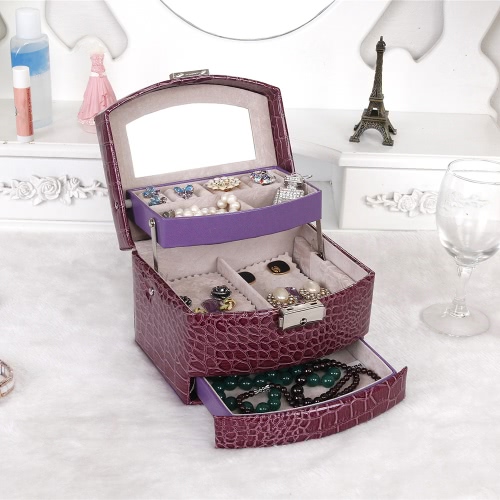 

Портативный моды высокого класса Кожа PU Jewelry Box 3 слоя Holder Автоматическая хранения Дело Часы Ожерелье Кольцо серьги аксесс