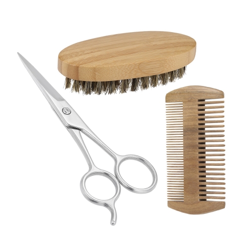 

3Pcs Мужская борода Brush Comb Scissor Kit Кабанская щетина Щетка для бритья + свиная борода с перьями + салфетка из натуральной кожи из нержавеющей стали для мужчин