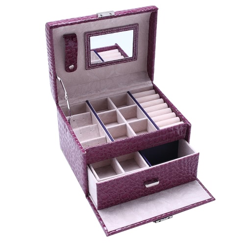 

Portable Handheld PU Leather 2 Layers Drawer Jewelry Storage Box with Mirror