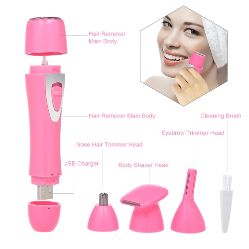 

4 In 1 Hair Trimming Kit Electric Shaver Hair Removal Tool Nose Body Facial Hair Eyebrow Trimmer Hair Remover USB Charge Painless Epilator for Women Black