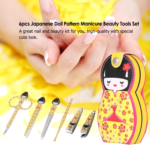 

6pcs Japanese Doll Pattern Manicure Beauty Tools Set Stainless Steel Leather Pouch Case