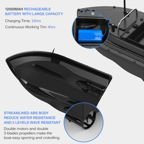 12000mAh GPS Fishing Bait Boat Wireless control Automatic Return Bait Boat 400-500M Remote Range 4.4lb Large Bait Container 16 Arbitrary Positioning Points 5 Levels Wave Resistant 
