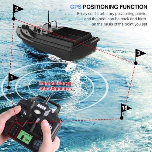 12000mAh GPS Fishing Bait Boat Wireless control Automatic Return Bait Boat 400-500M Remote Range 4.4lb Large Bait Container 16 Arbitrary Positioning Points 5 Levels Wave Resistant 