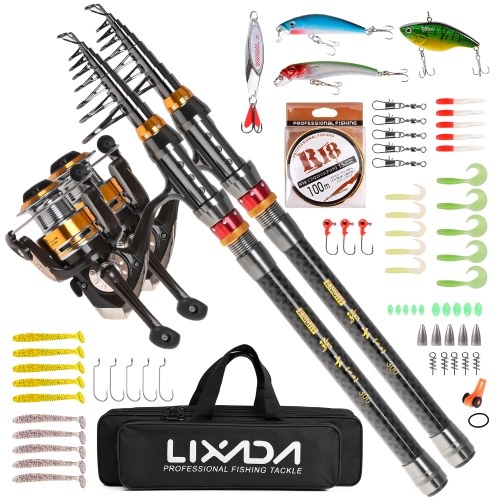 2 Piece Fishing Rod and Reel Combo Carbon Fiber Telescopic Fishing Rod with Spinning Reel Combo Carrier Bag Case Saltwater Freshwater Travel Fishing Lures Jig Hooks Full Kit 