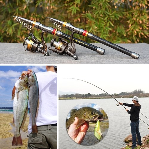2 Piece Fishing Rod and Reel Combo Carbon Fiber Telescopic Fishing Rod with Spinning Reel Combo Carrier Bag Case Saltwater Freshwater Travel Fishing Lures Jig Hooks Full Kit 