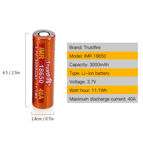 

TrustFire 2PCS IMR 18650 Battery 3000mAh 3.7V 40A High-Rate Rechargeable Li-ion Battery for E-cigarette LED Flashlight