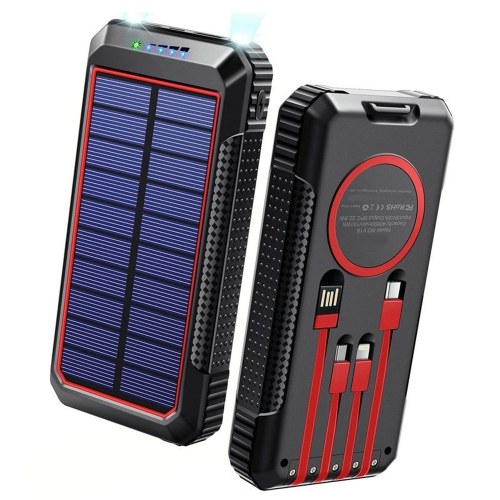 

Outdoor Portable Solar Power Bank with 4 Built-in Cables, and LED Flashlight