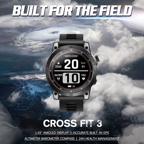 NORTH EDGE Cross Fit 3 GPS Men`s Sports Watch Four Global Satellite 1.43`` High Clear AMOLED Display 50M Waterproof Health Tracker and Sports Modes Outdoor Smartwatch 