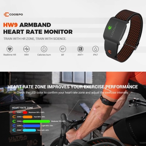coospo HW9 Heart Rate Monitor Armband Rechargeable HRM Sensor with HR Zones BT/ANT+ for Fitness Training/Running/Yoga Waterproof Riding Trainer 