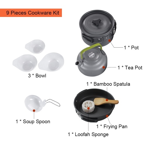 

Outdoor Camping Cookware 9 Piece Pot Pan Kettle Bowl Spoon Set Backpacking Cooking Picnic Camping Cookware Kit for 2 - 3 Persons