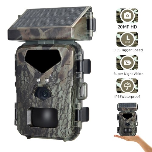 Solar Powered 20MP/1080P Hunting Camera 0.3s Trigger Speed 48 Infrared LED Night Vision Motion Activated Trail Camera 60° Detection Range with 32G Memory Card
