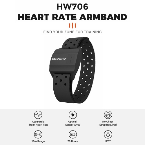 coospo HW706 Heart Rate Monitor Armband Rechargeable HRM Sensor with HR Zones BT/ANT+ for Fitness Training/Running/Yoga Waterproof Riding Trainer 