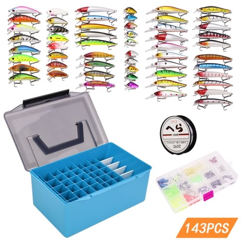 145 piezas Kit de accesorios de pesca Surtido de señuelos de pesca Minnow Cebos Señuelos de gusano suave Anzuelos de plantilla Giratorios Pinzas de agarre de labios de pescado con caja de aparejos