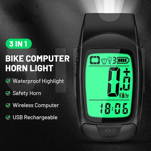 Full Screen Backlight Multifunctional Bike Cycling Speedometer Wireless USB Rechargeable Waterproof Bike Speedometer with Light and Horn 