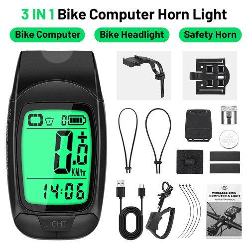 Full Screen Backlight Multifunctional Bike Cycling Speedometer Wireless USB Rechargeable Waterproof Bike Speedometer with Light and Horn 