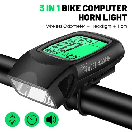 Full Screen Backlight Multifunctional Bike Cycling Speedometer Wireless USB Rechargeable Waterproof Bike Speedometer with Light and Horn 