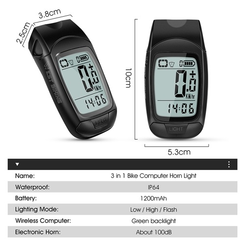 Full Screen Backlight Multifunctional Bike Cycling Speedometer Wireless USB Rechargeable Waterproof Bike Speedometer with Light and Horn 