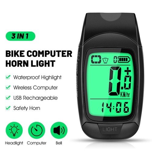 Full Screen Backlight Multifunctional Bike Cycling Speedometer Wireless USB Rechargeable Waterproof Bike Speedometer with Light and Horn 