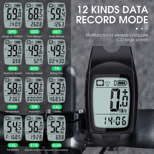 Full Screen Backlight Multifunctional Bike Cycling Speedometer Wireless USB Rechargeable Waterproof Bike Speedometer with Light and Horn 