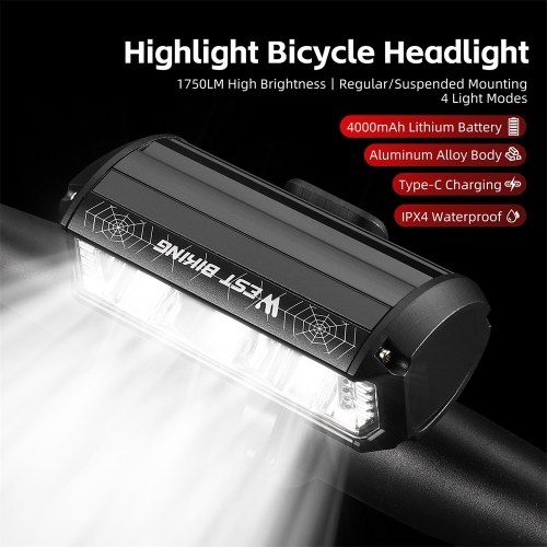WEST BIKING 1750 Lumen High Brightness Aluminum Alloy USB Rechargeable Bike Light Road Bike Handlebar Light 