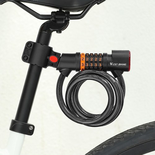 WEST BIKING Bicycle Safety Lock Bike Motorcycle Anti Theft Elasticity Locks 5 Digits Combination Password Road Bike Steel Cable Lock Portable Cycle Lock with Light 