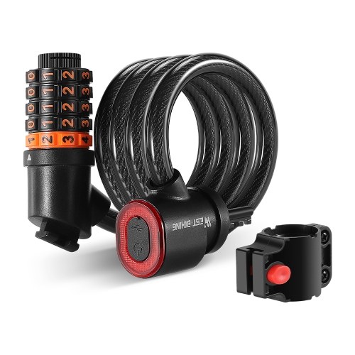 WEST BIKING Bicycle Safety Lock Bike Motorcycle Anti Theft Elasticity Locks 5 Digits Combination Password Road Bike Steel Cable Lock Portable Cycle Lock with Light 