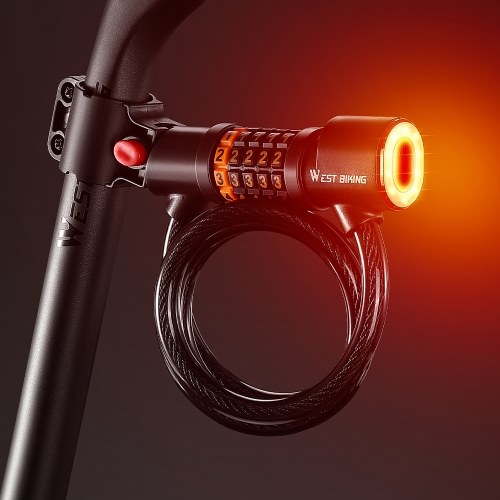 WEST BIKING Bicycle Safety Lock Bike Motorcycle Anti Theft Elasticity Locks 5 Digits Combination Password Road Bike Steel Cable Lock Portable Cycle Lock with Light 